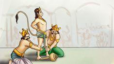 three men are kneeling down and one is holding a spear while the other man holds a staff