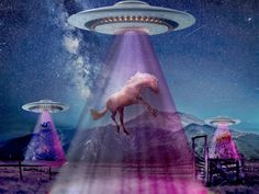 an image of a horse flying in the sky with aliens and stars above it,