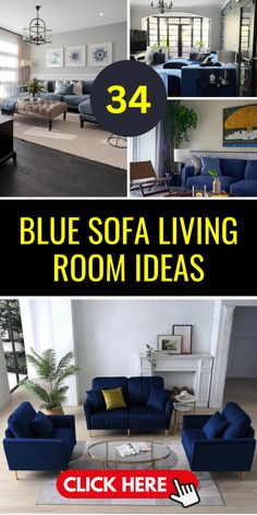 blue sofa living room ideas with text overlay that reads, 34 blue sofa living room ideas