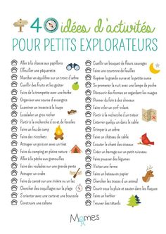 a poster with the words 40 ideas d'activites pour petits explorateurs