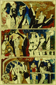 an art nouveau painting with people dressed in black, white and red dancing on the dance floor