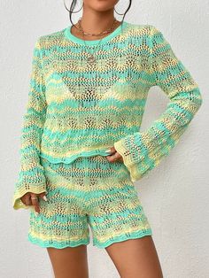 Embrace spring and summer style with our Cali Knit Crochet Matching Set! Made with lightweight fabric and intricate crochet details, this set is perfect for warm weather. Say goodbye to boring outfits and hello to effortless style. Get ready to turn heads and steal the show in this fabulous green set. Size Guide: Model is 5’6” tall, and has a 33.2” bust, 26.4” waist, & 35.2” hips. She is wearing a S / US 4 / AU 8. This matching set is true to size. Material: 100% Polyester Feature: Zig Zag stripe print. Crochet knit fabrication. Long sleeves. Scallop hem. Relaxed fit. (1 pcs top + 1 pcs shorts total 2 pcs in set) Care Instructions: Machine wash / Cold hand wash Crochet Two Piece, Sweater Shorts, Stripe Outfits, Long Sleeve And Shorts, Short Suit, Sweater Set, Polyester Top, Striped Sweater, Two Piece Set