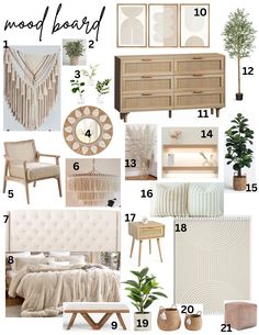 the mood board is full of neutrals and whites, including white bedding, beige furniture