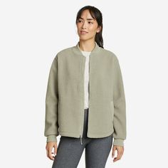 Women's Glacier Breeze Fleece Bomber Jacket | Eddie Bauer Fall Fleece Jacket With Zipper For Outdoor Activities, Fall Fleece Jacket For Outdoor Activities, Winter Athleisure Outerwear With Fleece Lining, Relaxed Fit Outerwear With Fleece Lining For Loungewear, Winter Athleisure Outerwear With Ribbed Cuffs, Casual Fleece Jacket For Winter Loungewear, Athleisure Winter Outerwear With Zipper Closure, Winter Fleece Jacket With Ribbed Cuffs For Outdoor Activities, Athleisure Outerwear With Ribbed Cuffs For Outdoor Activities