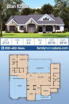 the floor plan for a house with two levels and three bedroom, one story home