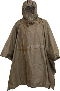 This durable rain poncho is an excellent piece of gear that screams quality and will keep you dry on the wettest of days. Featuring snap closures on each side/ drawstring hood/ reinforced taped seams/ and length adjustment. Metal grommets allow you to use this poncho as an emergency shelter if needed. Waterproof and windproof. A great addition to any outdoor kit. One size fits most. Color: OD Green. Used/ good condition. Weighs 2.2 lbs. Genuine European Military Surplus. Waterproof Khaki Raincoat For Rainy Weather, Oversized Nylon Raincoat For Outdoor, Khaki Hooded Raincoat For Rainy Weather, Outdoor Kit, German Military, Emergency Shelter, Rain Poncho, Military Surplus, Wet Weather