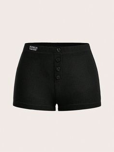 Letter Patched Button Detail Waffle Knit Black Shorts Black Casual   Knitted Fabric Letter Track Shorts Slight Stretch  Women Clothing, size features are:Bust: ,Length: ,Sleeve Length: Black Wavy Shorts, Waffle Knit Shorts, Shein Shorts, Short Noir, Clothes Pegs, Shein Icon, Women Shorts, Slim Fit Top, Track Shorts