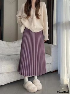 Olivia Mark - Accordion Pleat Midi Skirt with Long Fluffy Texture Casual Purple Skirt For Winter, Non-stretch Pleated Winter Skirt, Winter Long Non-stretch Pleated Skirt, Non-stretch Pleated Skirt For Winter, Lavender Skirt Outfit, Lavender Skirt, Wool Midi Skirt, Midi Flare Skirt, Oc Inspiration