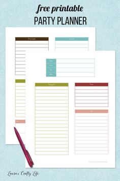 the free printable party planner is on top of a blue background with a pen