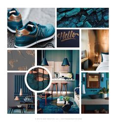 a collage of photos with blue and gold accents in the background, including a pair of sneakers