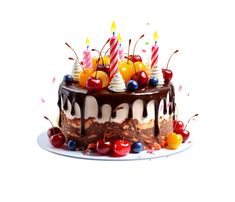 a chocolate cake with cherries and candles on it, surrounded by cherry toppings