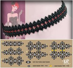 the beaded necklace is designed to look like a woman with red hair and black dress