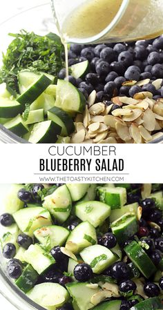 cucumber, blueberry salad in a bowl with dressing being poured on top