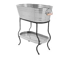 a metal tub with a wooden handle and legs on a white background, it is also used as a planter