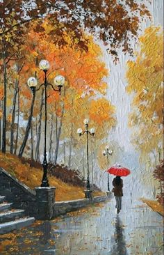 a painting of a person with an umbrella walking down the street on a rainy day