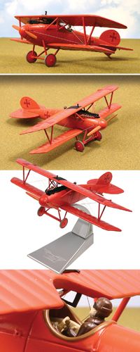 three different views of an orange model airplane