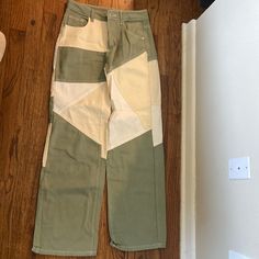 These Pants Are A Small, Or Us Size 4 And Fit Like A Glove! The Green White And Tan Patchwork Pattern Is So Unique And Great For Fall! Fitted White Bottoms With Patchwork Details, Beige Patchwork Pants For Spring, Casual White Patchwork Bottoms, Casual White Bottoms With Patchwork, White High Waist Patchwork Pants, High Waist White Pants With Patchwork, High-waist White Patchwork Pants, White High-waist Pants With Patchwork, Casual White Patchwork Pants