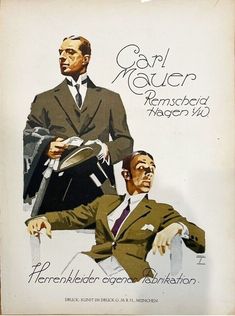 an advertisement for men's suits and ties from the 1950's, featuring two men in business attire