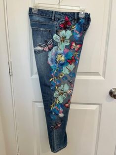 Upcycled, Floral/butterfly Embroidery, Embellished, Retro/vintage Style Mom Denim Jeans, Bohemian, Wearable Art, Statement, Spring/summer - Etsy Spring Embroidered Denim Blue Pants, Spring Embroidered Wide Leg Flare Jeans, Embroidered Wide Leg Flare Jeans For Spring, Bohemian Denim Blue Jeans For Spring, Spring Bohemian Jeans, Bohemian Medium Wash Jeans For Spring, Bohemian Jeans For Summer Festivals, Summer Bohemian Festival Jeans, Bohemian Summer Festival Jeans