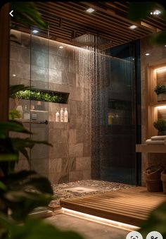 a bathroom with a shower, sink and plants in the shower headlight is on