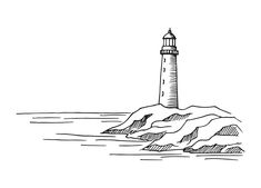 a black and white drawing of a lighthouse in the ocean with waves coming up from it