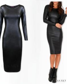 Lasaky - Elegant and Chic Knee-Length Faux Leather Bodycon Dress with Long Sleeves, Round Neck, and Pencil Skirt Leather Dress Long, Lace Panel Dress, Gothic Lace, Wide Leg Romper, Denim Maxi Dress, Carla Bruni, Long Sleeve Outerwear, Faux Leather Dress, Denim Maxi