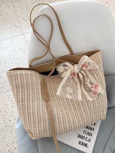 Olivia Mark - Bow Decor Straw Shoulder Tote Bag  - Women Tote Bags Cute Beige Large Capacity Satchel, Cute Beige Bags For Daily Use, Cute Cream Travel Bag, Cute Beige Travel Bag, Cute Beige Shoulder Bag For Shopping, Cute Spring Bags For Everyday Use, Cute Bags With Removable Pouch For Spring, Cute Beige Canvas Shopping Bag, Cute Beige Shopping Bag