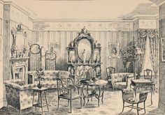 an old drawing of a living room with furniture