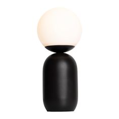 a black table lamp with a white ball on it's top and bottom part