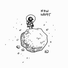 a black and white drawing of a person sitting on top of a rock with the words now what