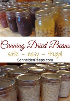 canning dried beans in jars with text overlay that reads canning dried beans safe - easy - frugal