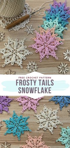 crochet snowflake pattern with the words frosty tails on it