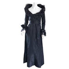 Bill Blass Black Taffeta Evening Dress For Wedding, Black Victorian Dress With Lace Trim For Evening, Elegant Victorian Dress With Lace Trim For Evening, Elegant Victorian Evening Dress With Lace Trim, Black Fitted Taffeta Gown, Fitted Black Taffeta Gown, Regency Style Black Evening Dress, Black Regency Style Evening Dress, Elegant Satin Victorian Dress, Fitted