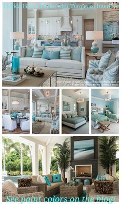 a collage of photos with blue and white furniture