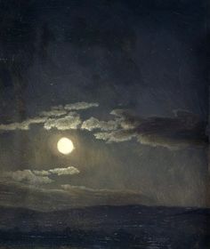 a painting of a full moon in the night sky over an ocean with dark clouds