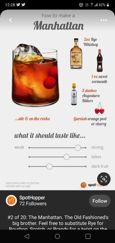 the manhattan cocktail recipe is shown on an iphone screen, with instructions to make it