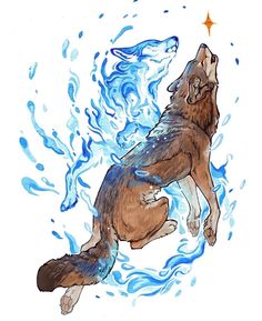 a drawing of a wolf jumping in the air with water splashing on it's back