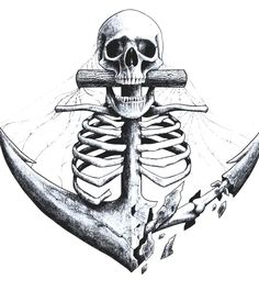 a drawing of a skeleton holding an anchor