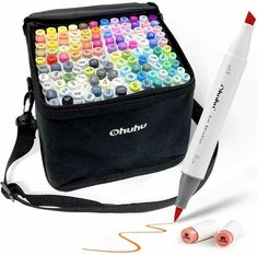 a bag with markers and a marker pen on the side, sitting next to it