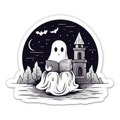 a sticker with a ghost reading a book in front of a castle and bats