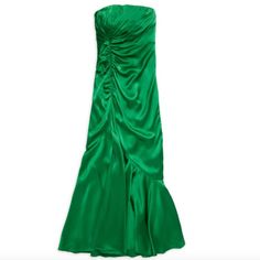 This Ravishing Dress, Finished In Glossy Satin, Has A Peplum Detail With An Asymmetrical Hem, Making It Ideal For An Event. For An Eye-Catching Ensemble, Wear It With Silver Jewelry And Metallic Heels: Details: Bandeau Neckline Sleeveless Self: 100% Silk Lining 1: 100% Polyester Lining 2: 90% Polyester, 10% Spandex Dry Clean Only Fully Lined Hidden Back Zipper Closures Ruched Design Lightweight Silk Fabric Neckline To Hem Measures Approx 42" In Length Pre-draped Ruched Silk Dress, Silk Ruched Pre-draped Evening Dress, Green Pre-draped Dress With Ruched Bodice, Green Ruched A-line Midi Dress, Pre-draped Green Ruched Dress, Easy Tunic, Monroe Dress, White Baby Dress, Flower Embroidered Dress