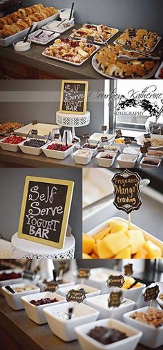 several different types of food on display at a buffet