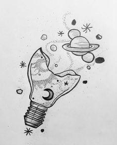 a pencil drawing of a light bulb with planets and stars in the sky above it