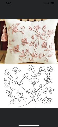 a pillow with embroidered flowers and tassels on the side, next to an image of