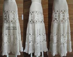 two pictures of a white crochet skirt on display next to a mannequin