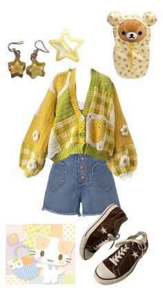 Yellow Trendy Outfits, Happy Core Aesthetic Outfits, Cartoon Fashion Inspired Outfits, Yellow Fits Aesthetic, Sunny Aesthetic Outfits, Crochet Aesthetic Outfits, Bright Outfits Summer, Summer Pallete Colors Outfits, Fun Aesthetic Outfits