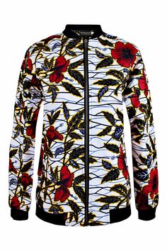 Floral Women's African Print Bomber Jacket - Afrilege Trendy Cotton Outerwear With Floral Print, Graphic Print Track Jacket For Spring Streetwear, Spring Streetwear Track Jacket With Graphic Print, Casual Cotton Printed Outerwear, Casual Printed Cotton Outerwear, Cotton Outerwear With All Over Print For Fall, Spring Cotton Track Jacket With Stand Collar, White Spring Track Jacket With Zipper, White Track Jacket For Spring