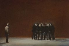 a group of men standing next to each other in front of a painting on a wall