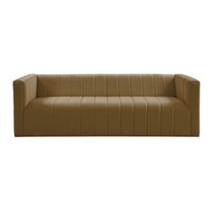 a brown leather couch sitting on top of a white floor