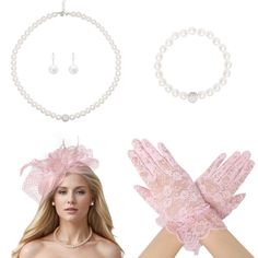 PRICES MAY VARY. Package Included: Tea party dresses for woman set includes a pink mesh tea party hats for women, a pair of pink lace gloves, a faux pearl necklace, a pair of faux pearl earrings, a strand of faux pearl bracelet, this exquisite tea party woman's set can enhance your temperament, help you be more elegant and beautiful in the tea party, and easily get the attention of others. Premium Materials: Crafted with care, the pink lace pearl hat is made from great quality mesh fabric, feath Elegant Winter Party Costume Accessories, Elegant Fitted Winter Costume Accessories, Pink Lace Gloves, Tea Party Hats For Women, Bridal Soiree, Tea Party Dresses For Women, Pearl Hat, Party Gloves, Pink Tea Party